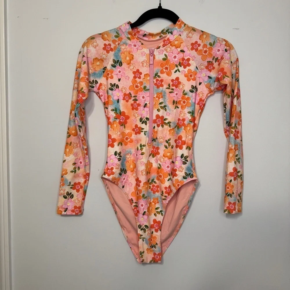 Blackbough Long Sleeve Floral Zip Swimsuit Rash Guard Small NWOT